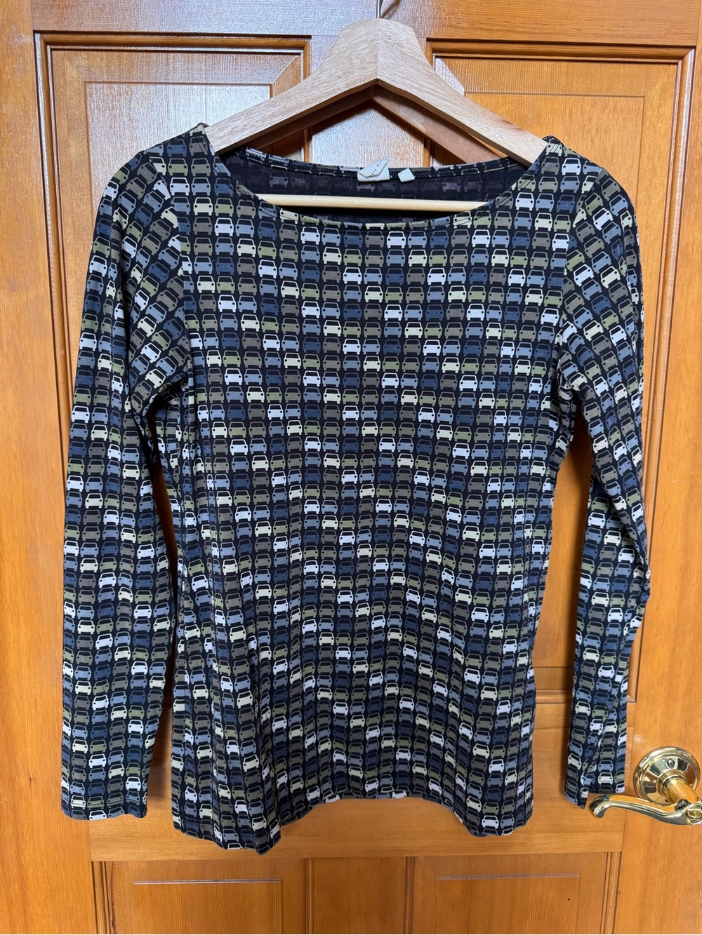 Orla Kiely “Cars” Women’s Long-Sleeve Patterned Scoop Neck Top - Black & Olive S